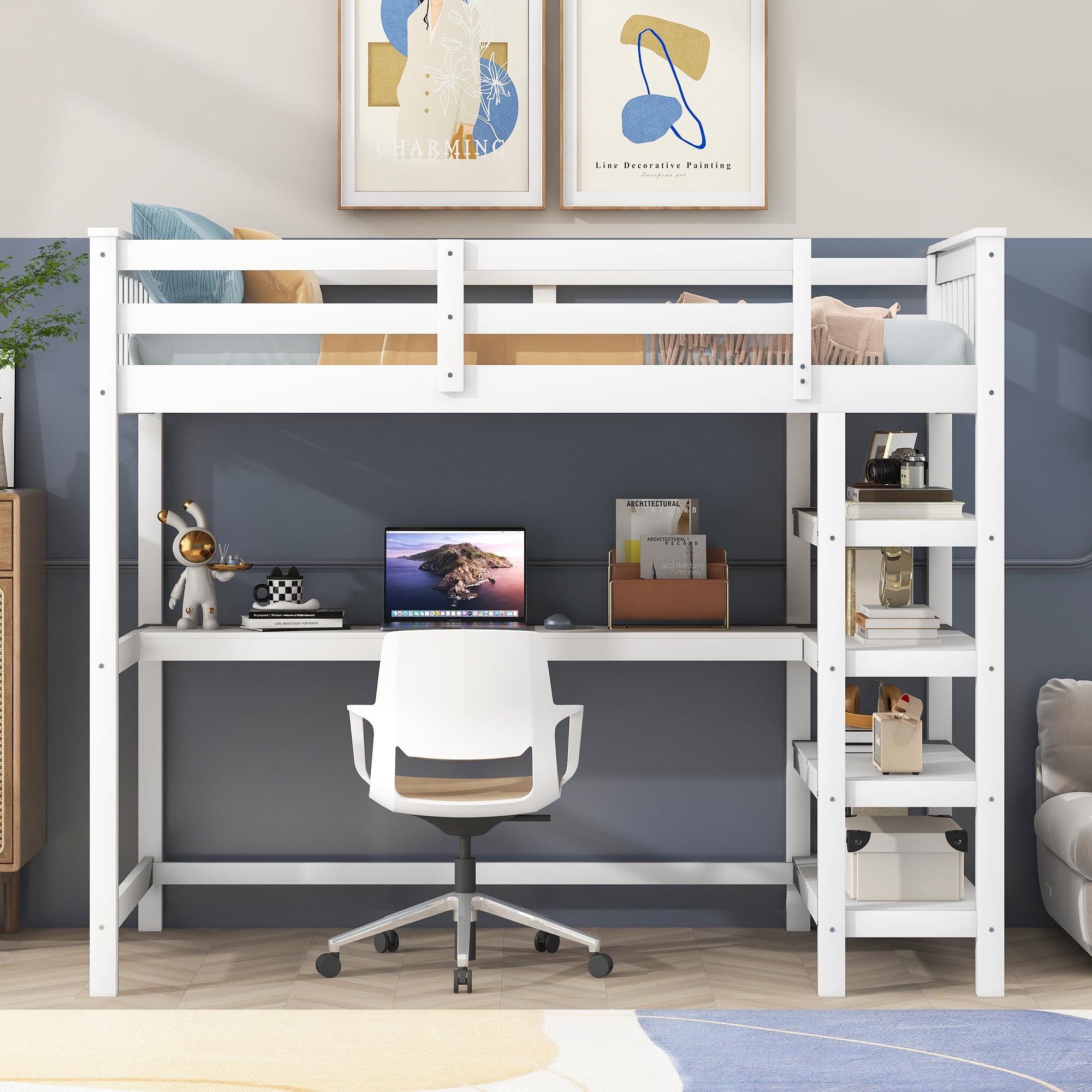 with Desk : Twin Size Loft Bed with 4-Storage Shelves and Under-Bed Desk Solid Wood