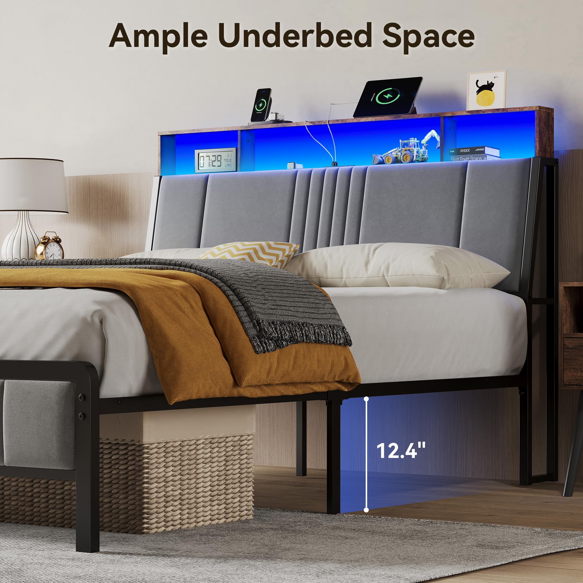 Full Size Upholstered Platform Bed with LED Lights and Charging Station