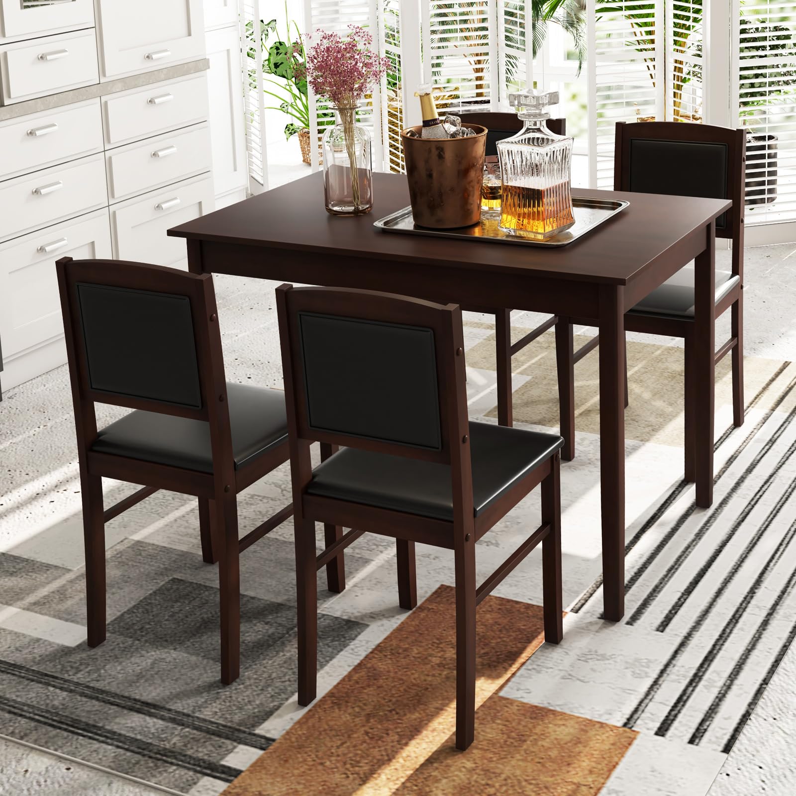 5-Piece Farmhouse Dining Table Set with Upholstered Chairs