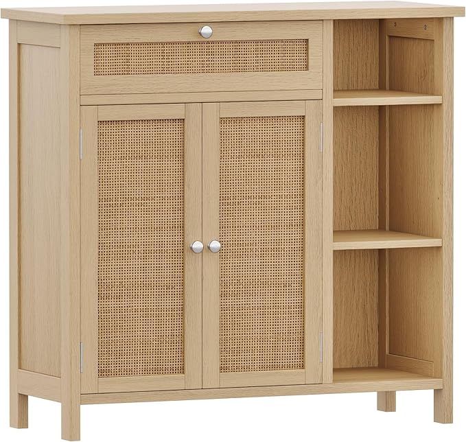 Bathroom Cabinet with Rattan Doors, Bathroom Floor Cabinet with Open Storage &