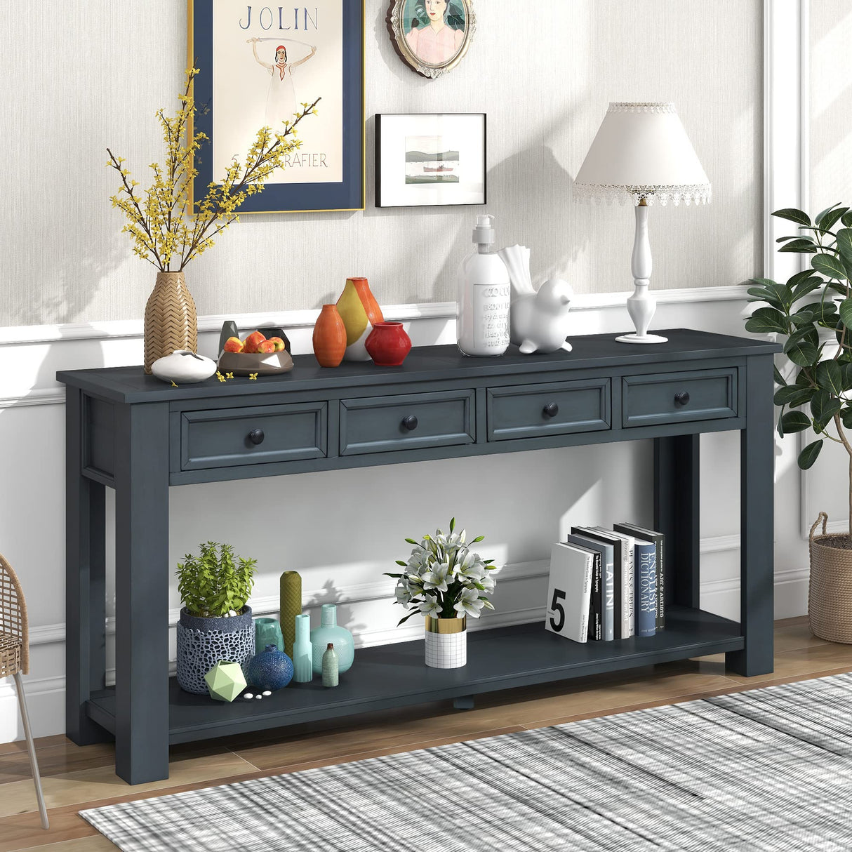 Merax Console Table Sideboard with Storage and Bottom Shelf for Living Room, Kitchen, Entryway/Hallway, 14D x 63W x 30H in, Navy