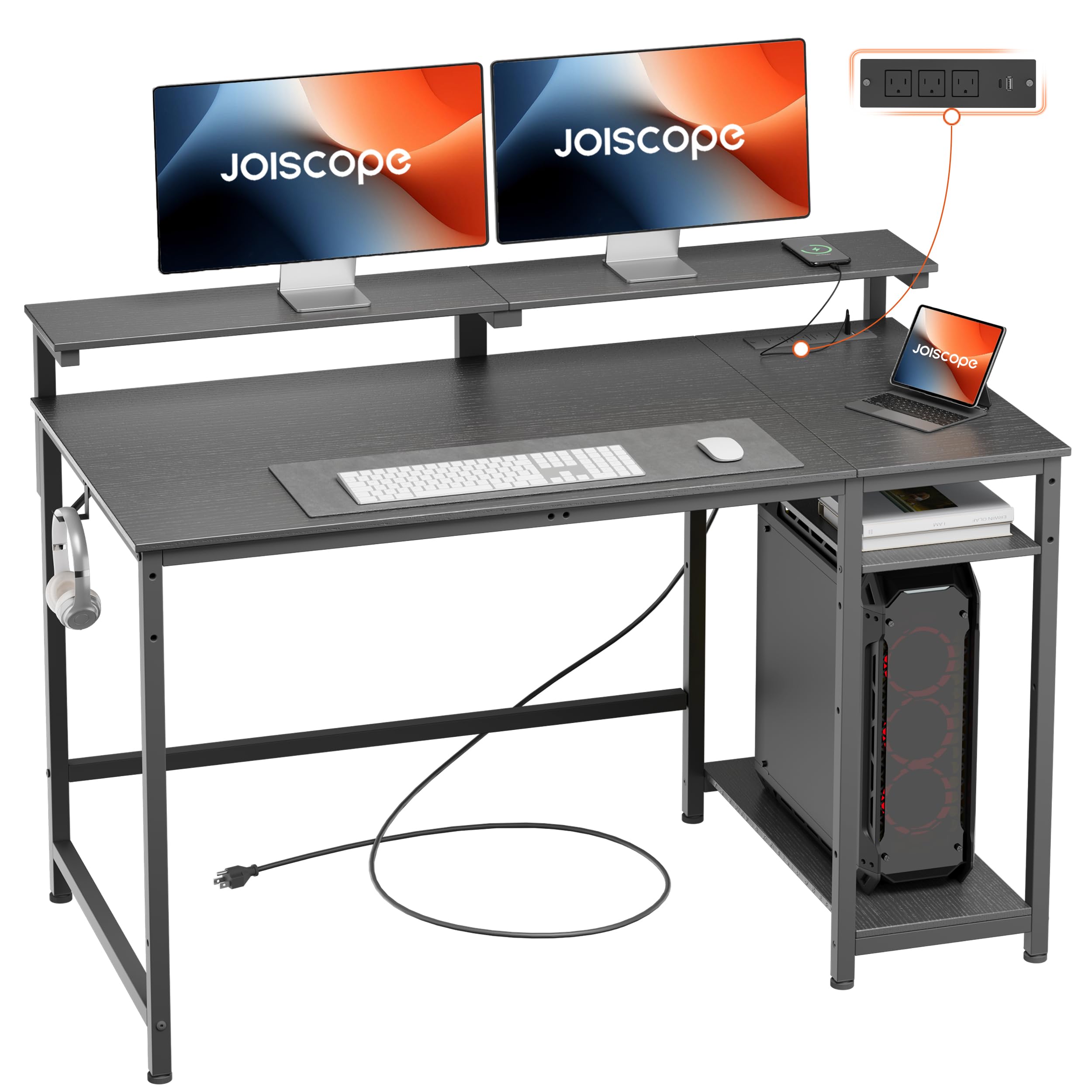 Home Office Desk with Power Outlets (3AC, USB, Type-C), 48 × 20 Inch Computer Desk
