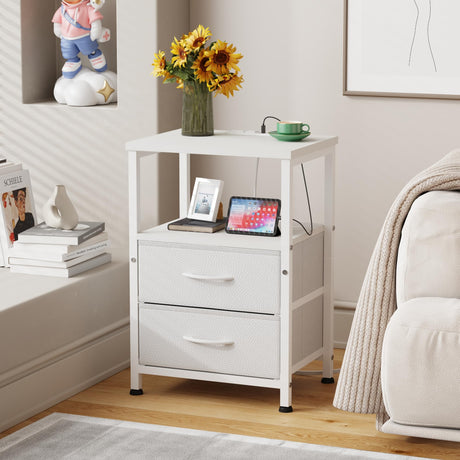 Night Stand Set 2 with Charging Station and 2 Fabric Drawers, Side Table with Storage for