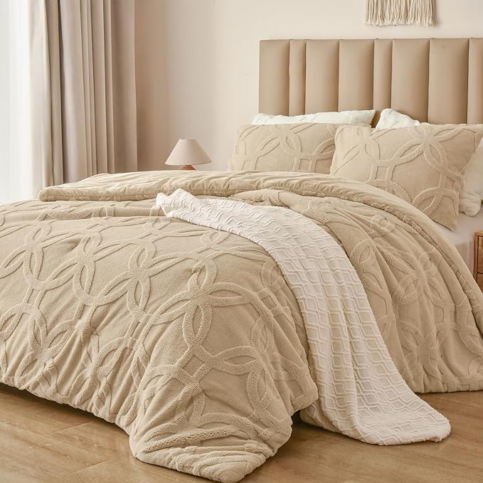 3 Pieces Sherpa Fleece Comforter Set Queen Size, Super Soft & Warm Fluffy Comfy Velvet