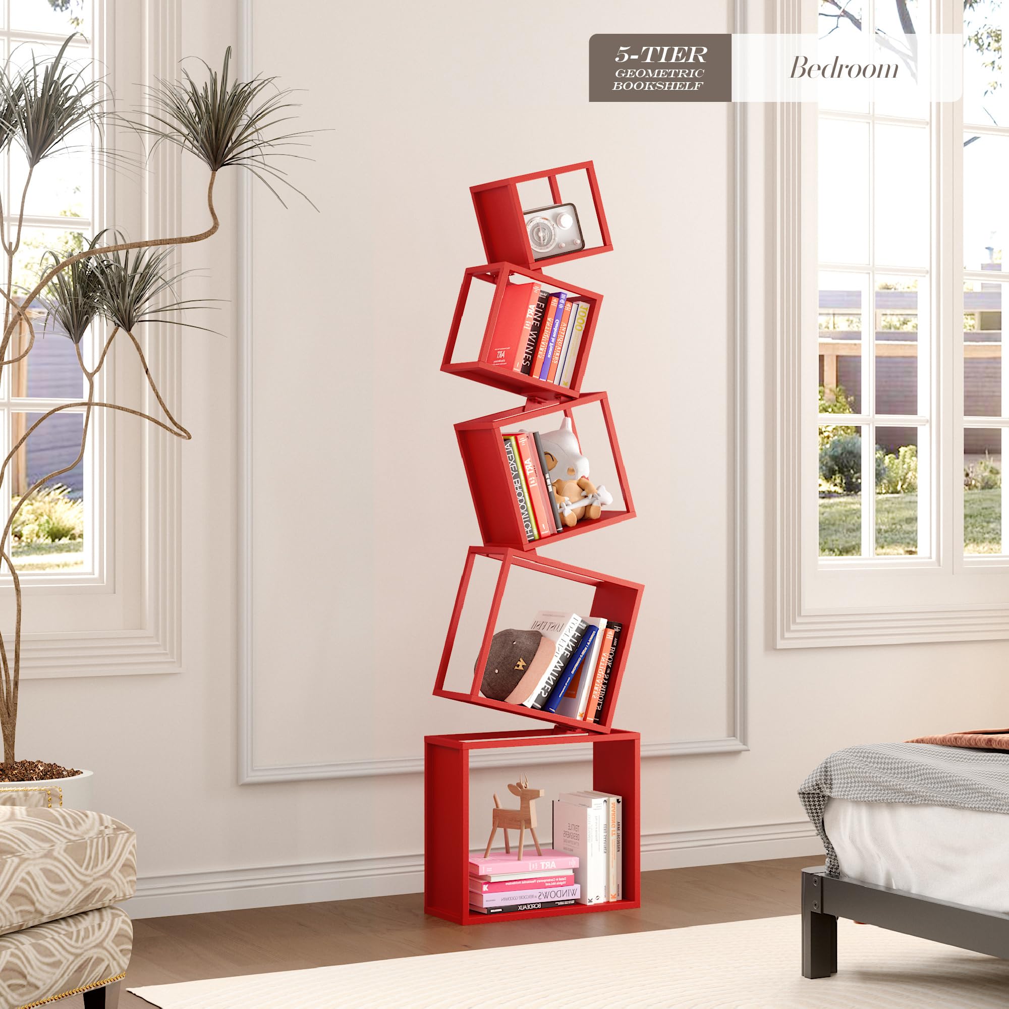 Bookshelf, 5-Tier Geometric Bookcase, 70.6" Tall Red Book Organizer,