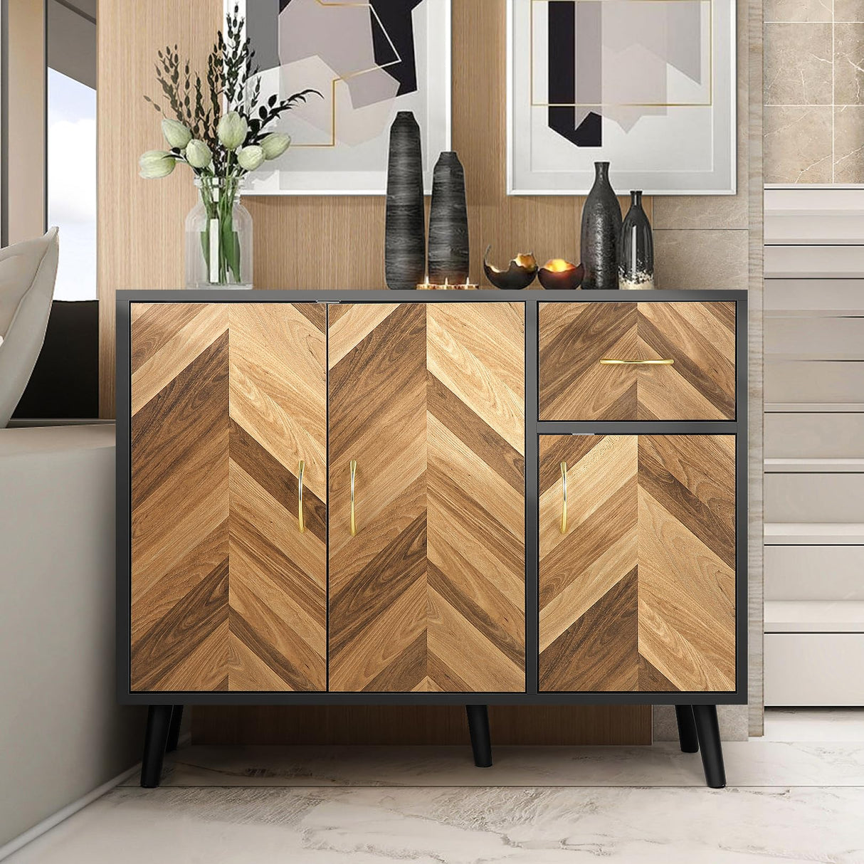 Sideboard Buffet Cabinet with Storage - 3 Doors Black Storage Cabinet with Drawers