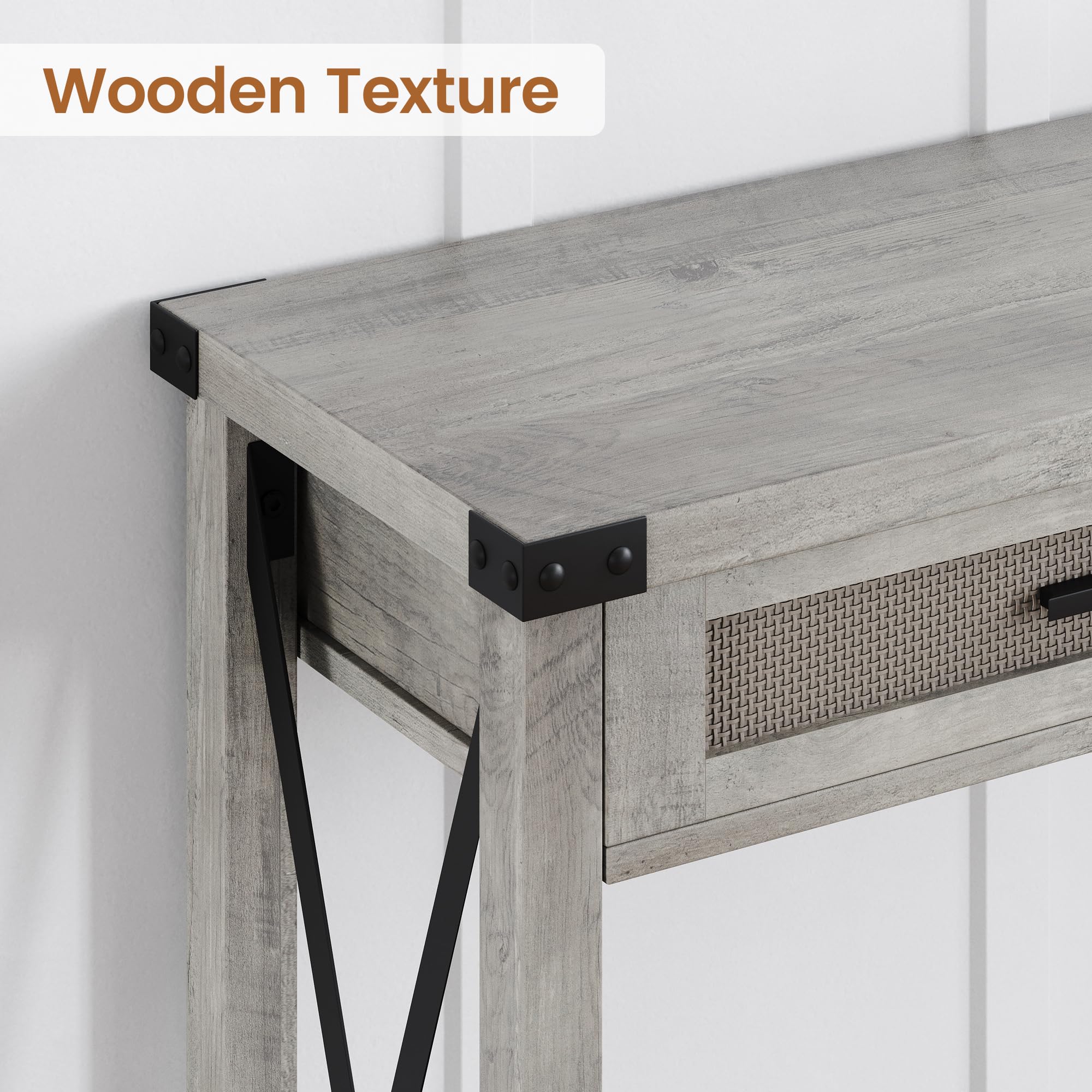 Farmhouse Entryway Table with Rattan Drawers, Grey Console Table for Entryway,