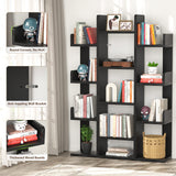 Tree-Shaped Bookcase Storage Shelf with 13 compartments, Books Organizer Display Cube Shelves, Industrial Free Floor Standing Wood Open Bookshelves, Black