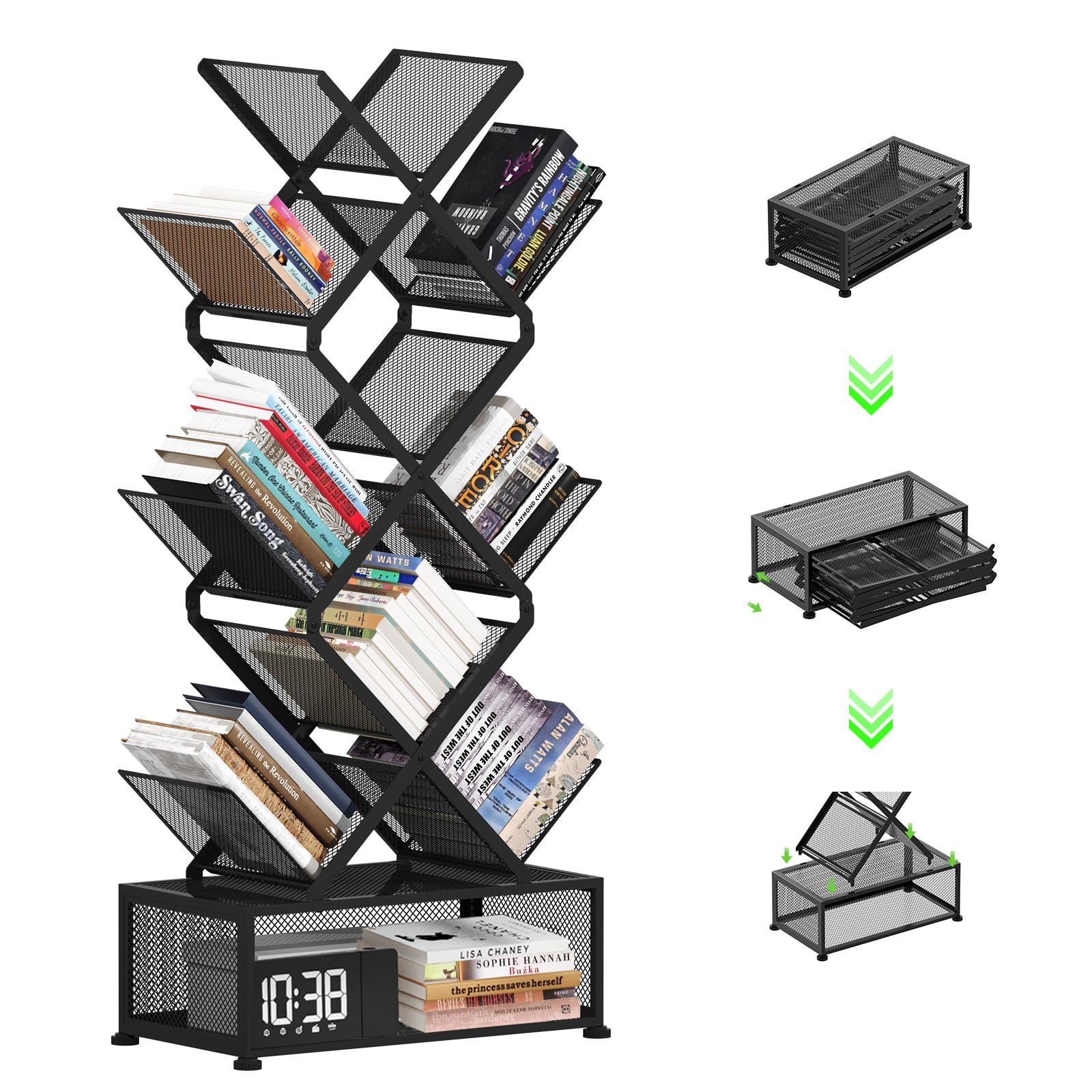 Gintan 9-Tier Corner Bookshelf with Storage,Bedroom Shelves Folding Bookshelves,No Installation Required Shelf Tree Bookcase for Living Room,Study,Home Office,Bed Room (Black)