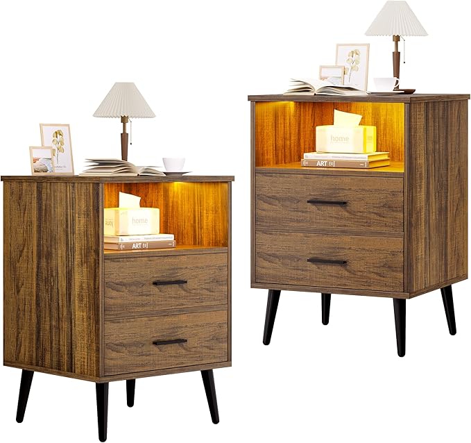 Mid Century LED Nightstand, 3 Colors Dimmable Light, Bedroom Wood Night Stand with Charging Station