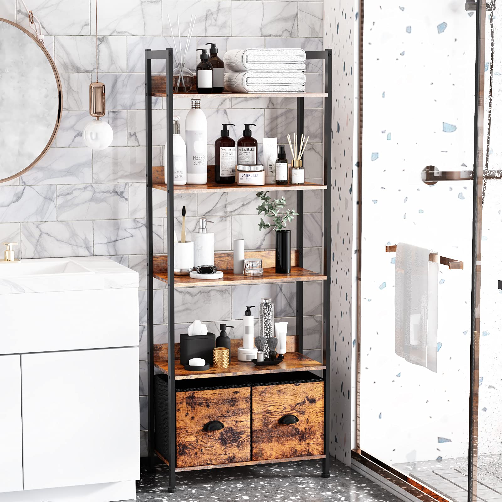 5-Tier Bookshelf, Tall Bookcase with 2 Storage Drawers, Industrial Display Standing Shelf