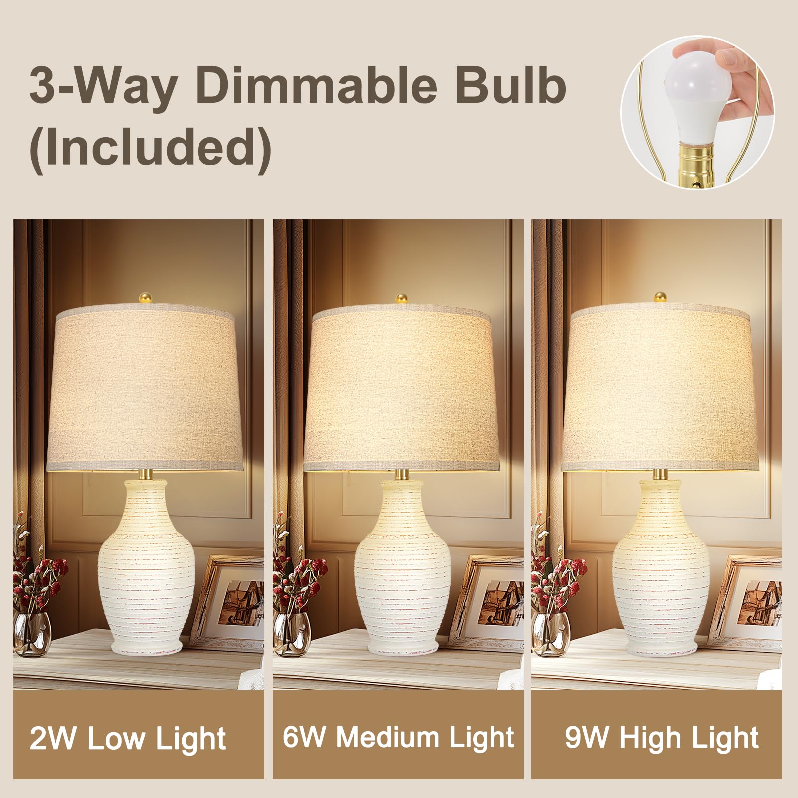 23" Ceramic Table Lamps Set of 2 with 3-Way Dimmable Bulbs