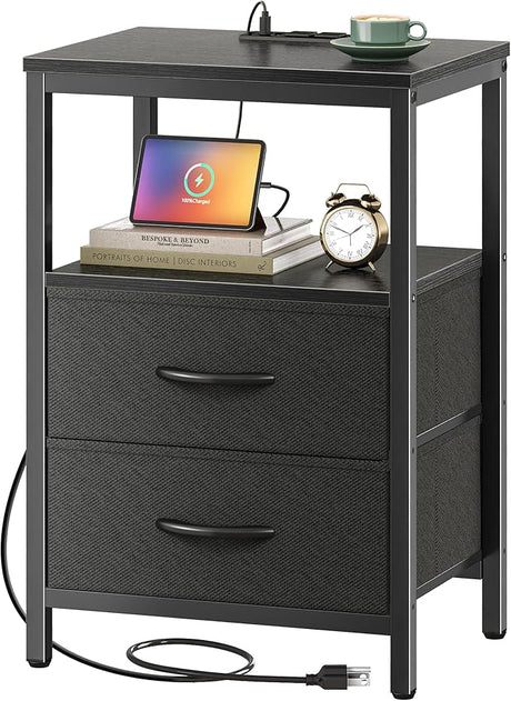 Nightstand with Charging Station, Side Table with Fabric Drawers, End Table with Open