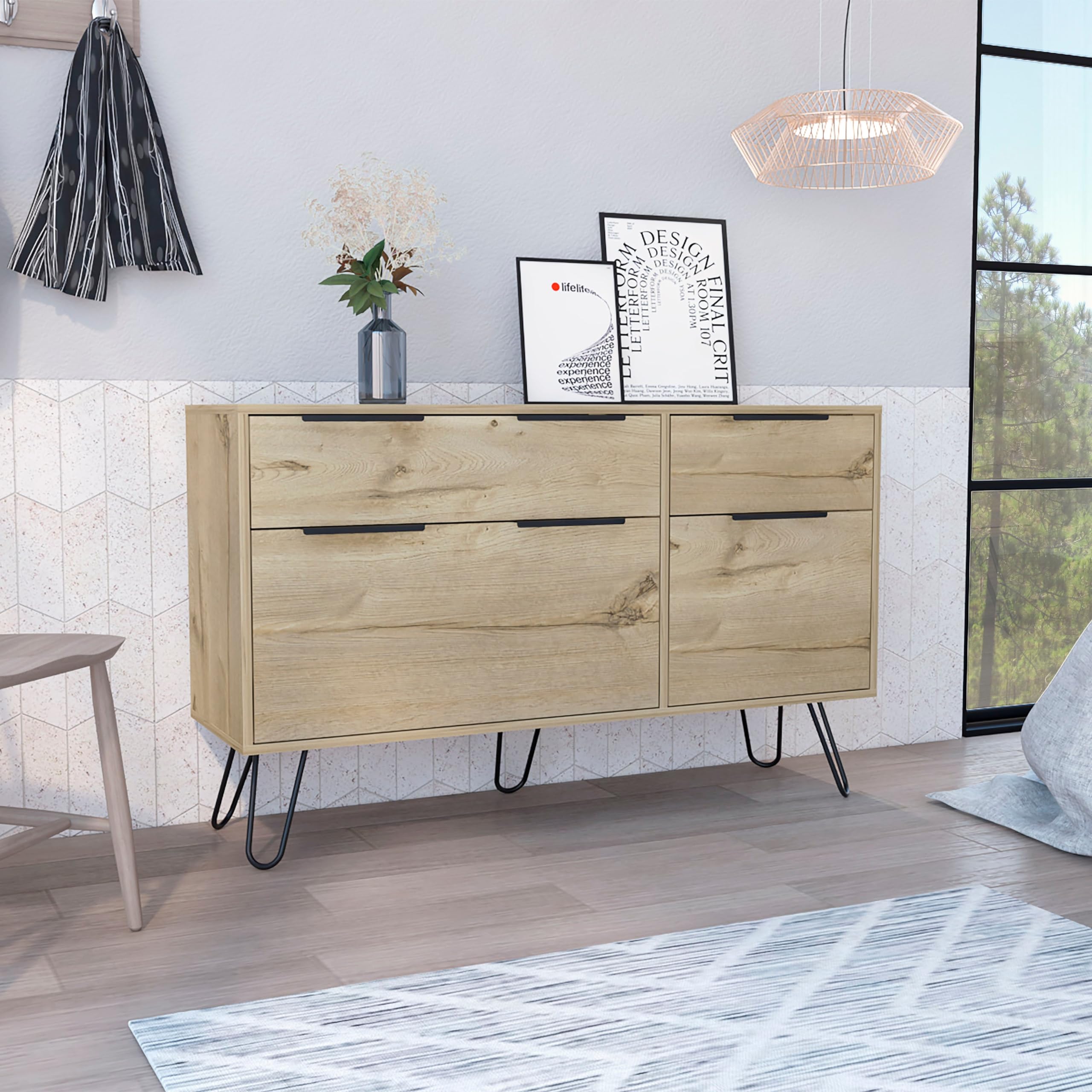 Augusta Double Dresser, Superior Top, Hairpin Legs, Four Drawers -Light Oak
