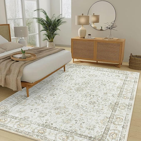 Beige Area Rug for Living Room, Soft Washable Rugs 5x7 Non-Shedding Neutral Rug,