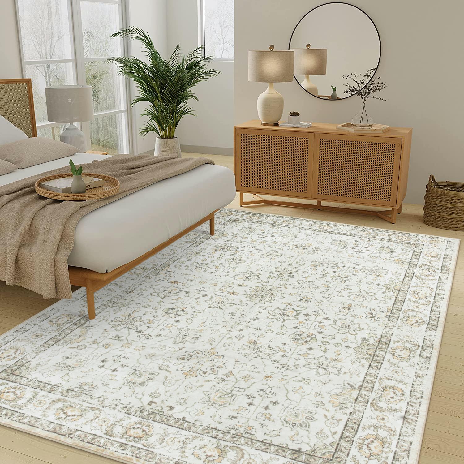 Washable 8X10 Area Rugs for Living Room, Low- Pile Beige Rug Cream Living
