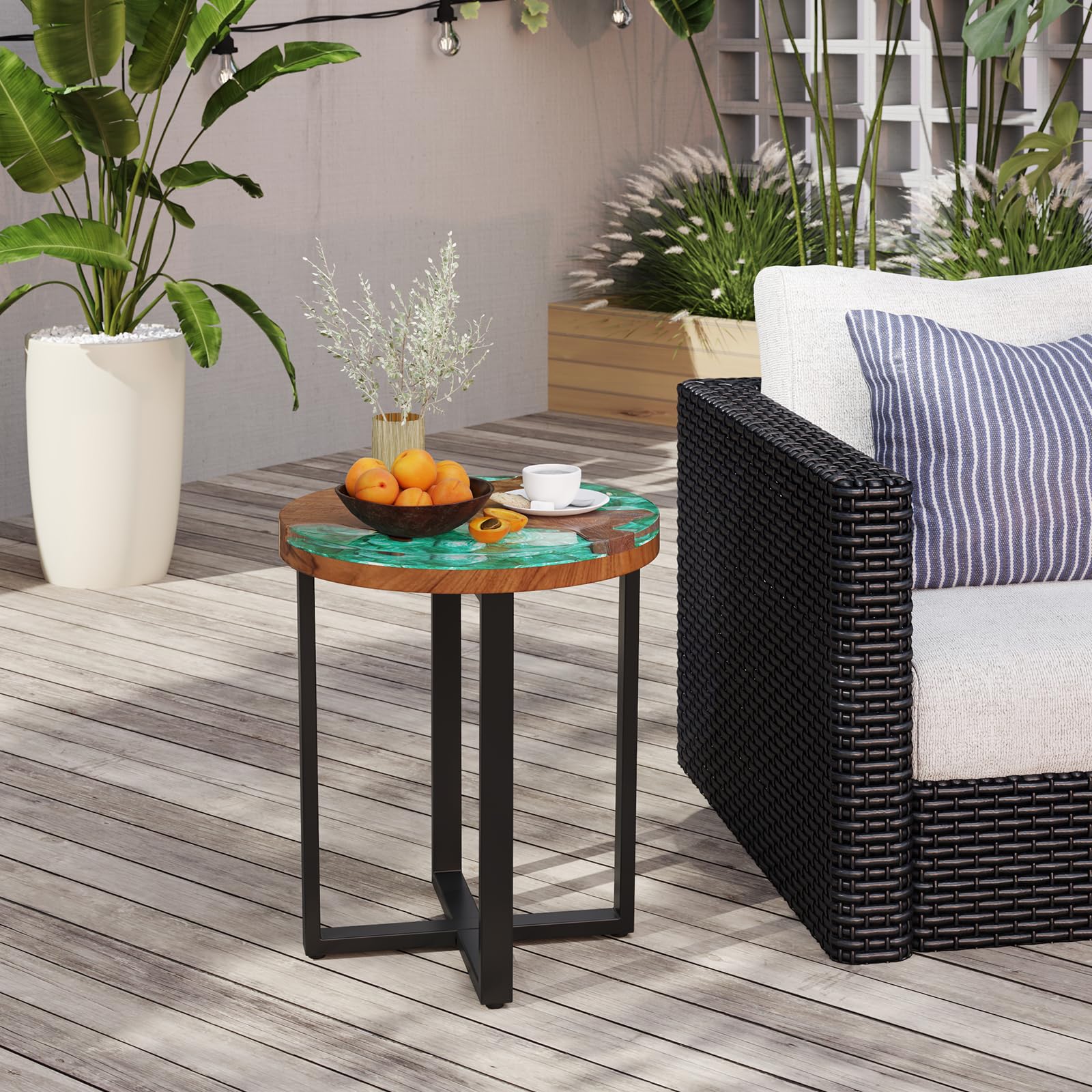 20” Teak Wood Outdoor Side Table - Round End Table with Epoxy Resin Tabletop