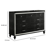 9 Drawer Wooden Dresser with Embossed Texture and Mirror Accents, Black