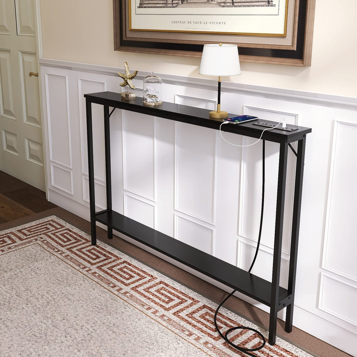 Sofa Table with Outlet and USB Port, 47" Console Behind Couch Table with Steel Frame,