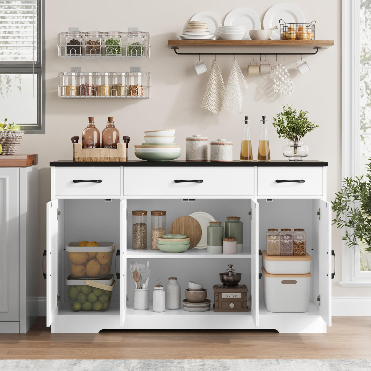 Buffet Sideboard Cabinet with Drawers, 55" Large Buffet Storage Cabinet with Shelves and Doors, Modern Farmhouse Coffee Bar Cabinet Wood Buffet Table for Kitchen, Dining Room, White/Black