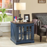 24" Large End Table, Farmhouse Night Stand with Charging Station, Glass Barn Door and Adjustable Storage Shelf,