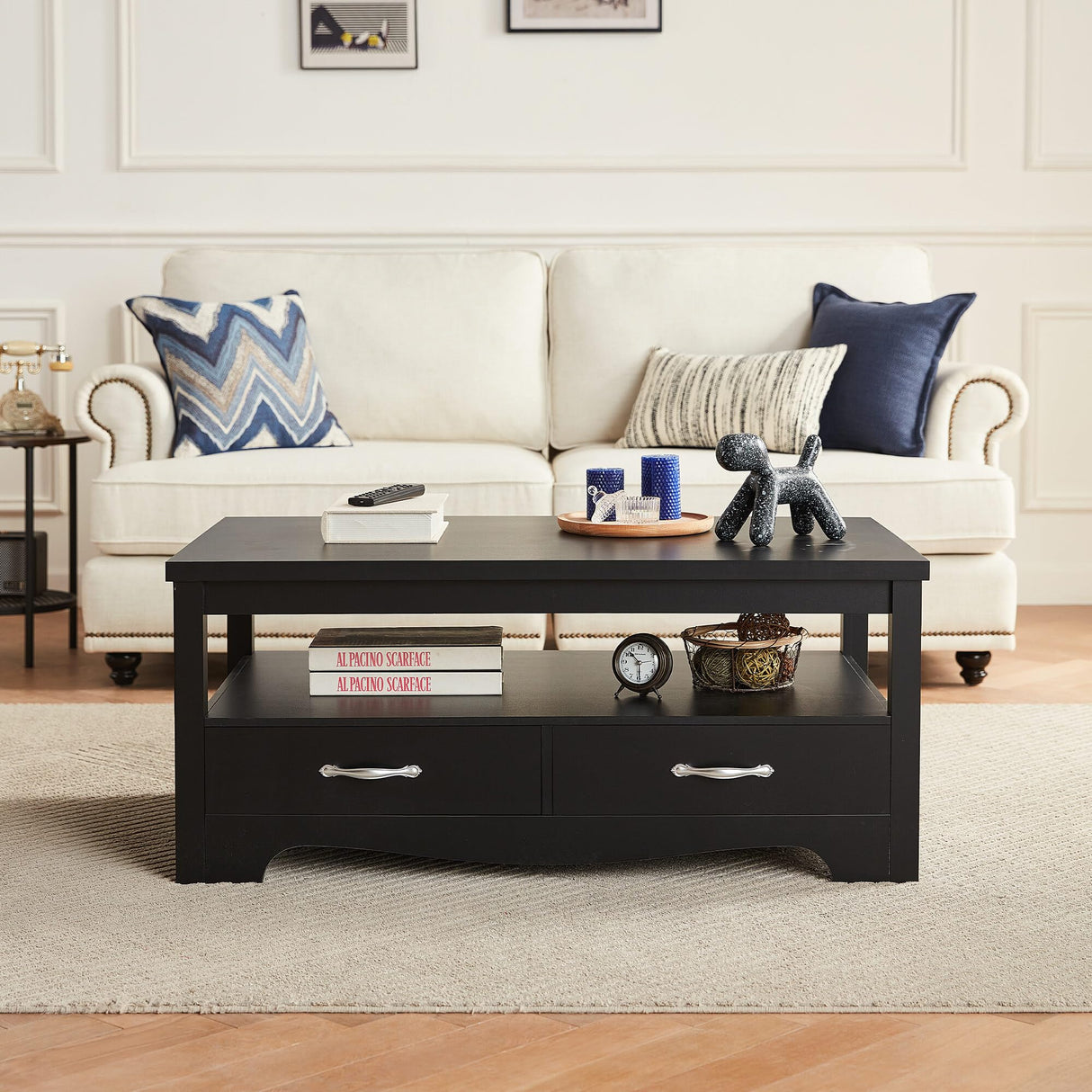 Farmhouse Coffee Table with Storage, Wood Coffee Table for Living Room