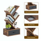 Rolanstar Bookshelf with Drawer, 4 Shelf Tree Bookshelf, Wooden Bookshelves Storage Rack for CDs/Movies/Books, Rustic Brown Bookcase, Utility Organizer Shelves for Living Room, Bedroom