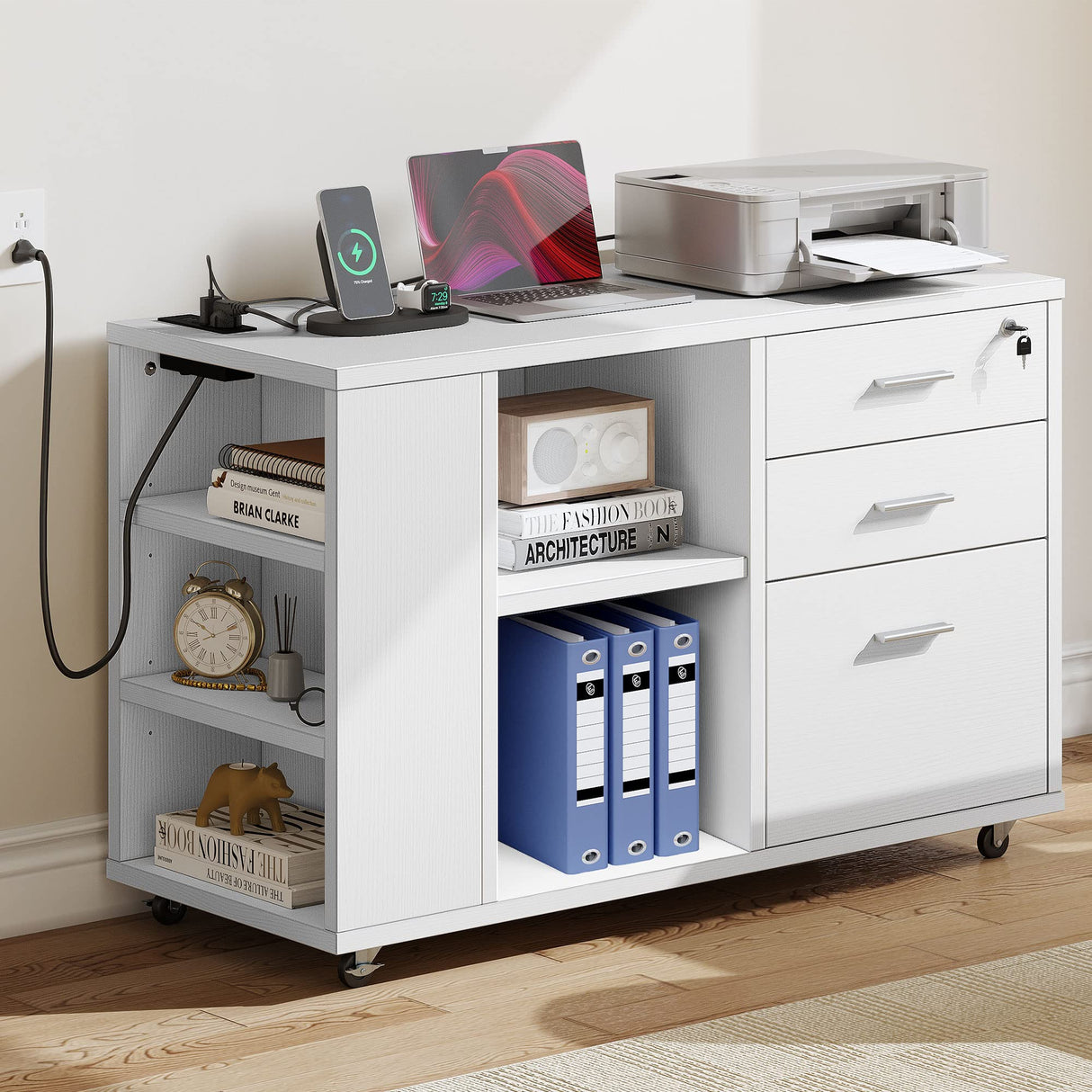 File Cabinet with Charging Station, Mobile Lateral Filing Cabinet with Lock