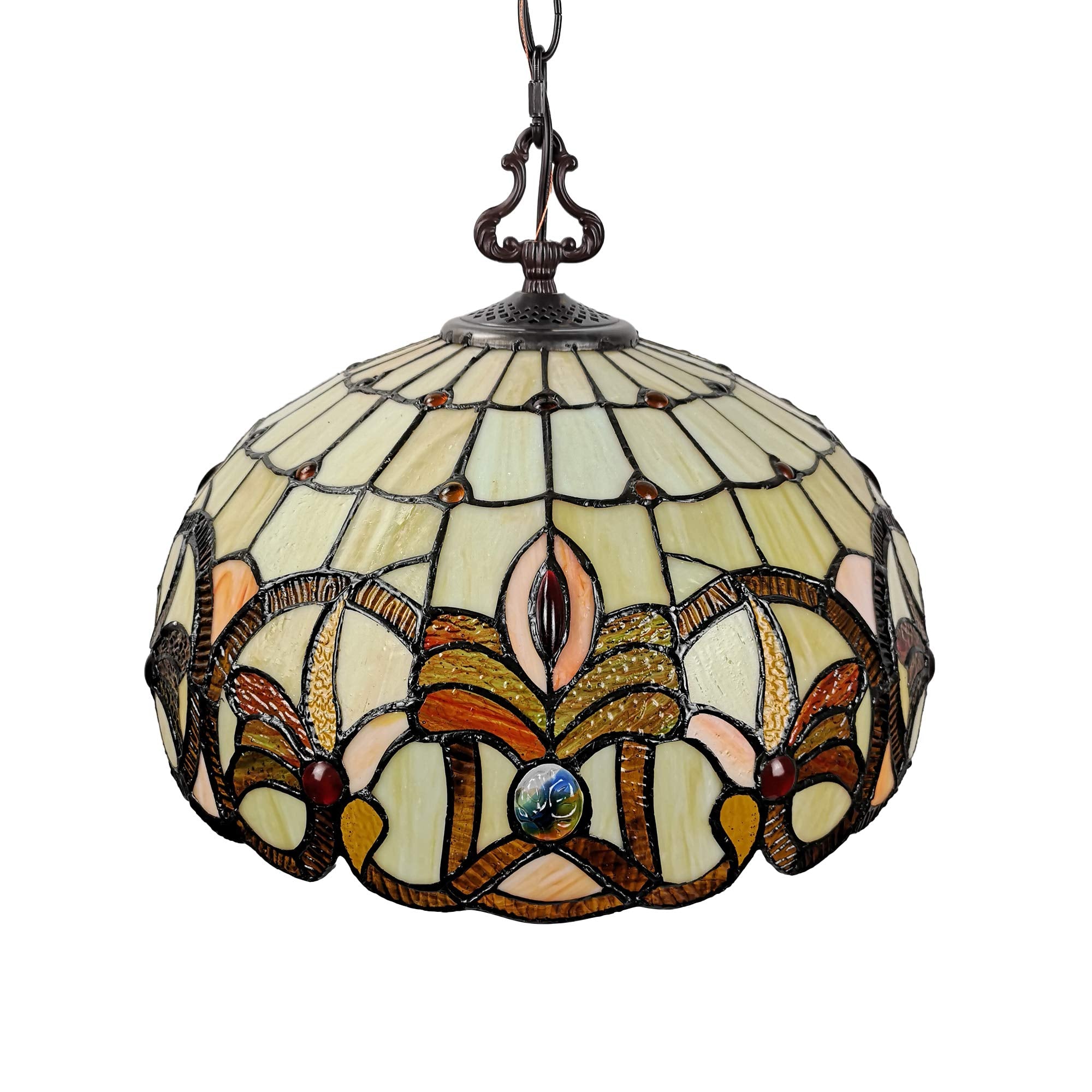 Tiffany Style Hanging Pendant Lamp 16" Wide Stained Glass White Jeweled Yellow White