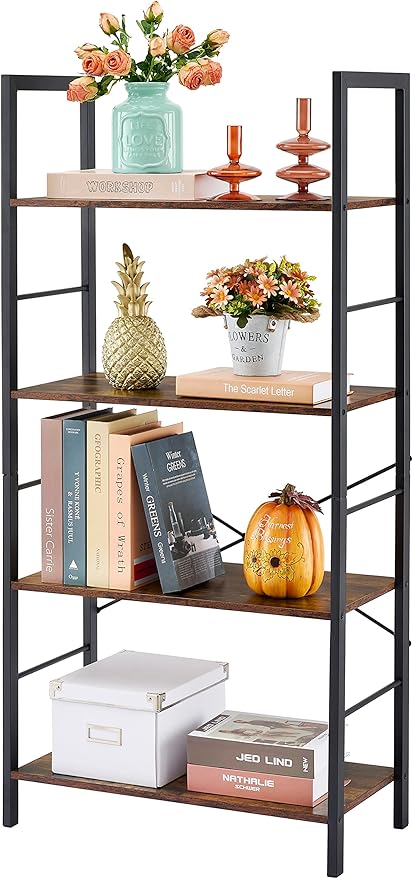 4 Tier Bookshelf, Tall Display Storage Shelf, Vintage Wood Open Shelves