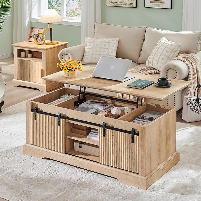 46" Fluted Lift Top Coffee Table with Sliding Door, Modern Center Table w/Adjustable