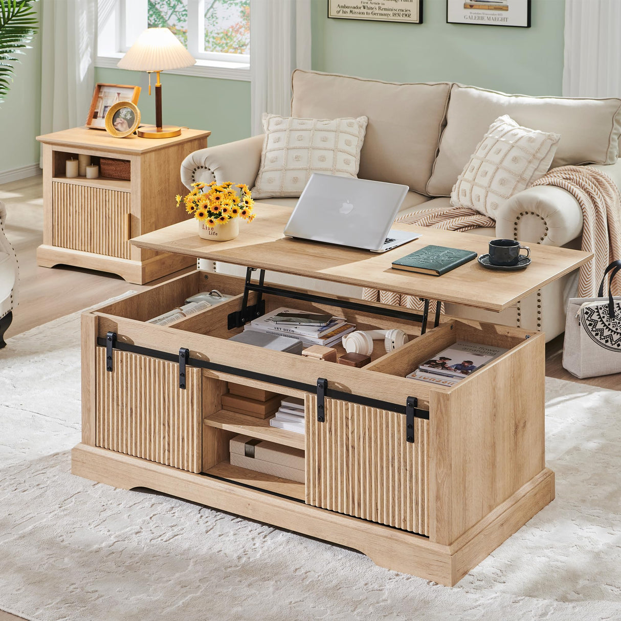 46" Fluted Lift Top Coffee Table with Sliding Door, Modern Center Table w/Adjustable