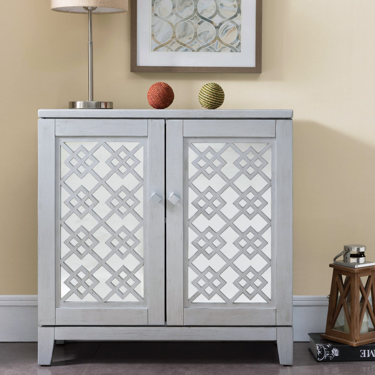 Mirrored Diamond Filigree Hall Console Cabinet with Adjustable Shelf, Silver Leaf, 12" W