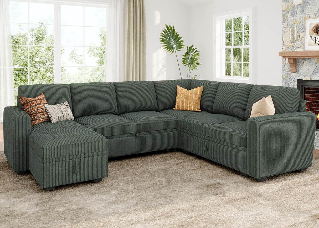 Modular Sectional Sleeper Sofa with Pull Out Bed, Corduroy Sectional Couch with Storage Seats Ottoman