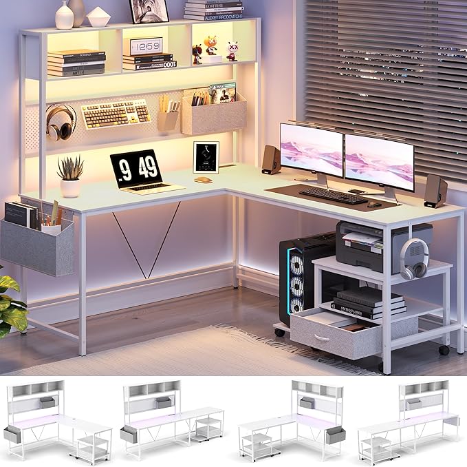 L Shaped Gaming Desk with Pegboard and Filing Cabinet, Reversible Computer Desk