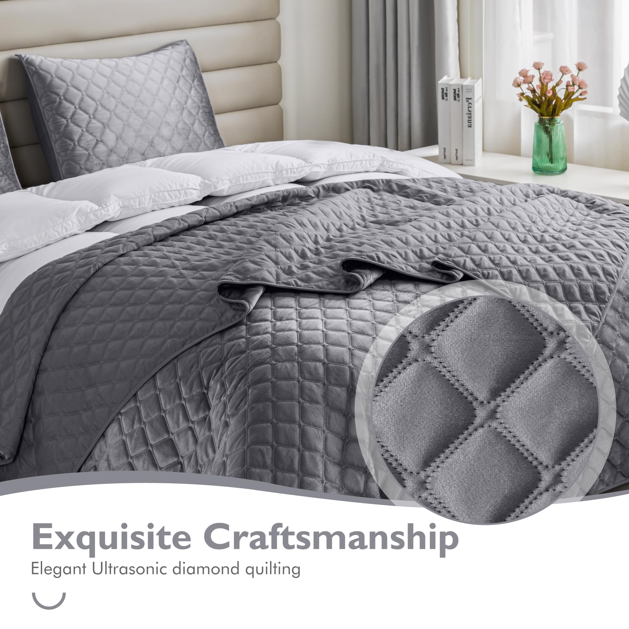 3D Velvet Quilt Set Queen Size - Elegant Coverlet with Pillow Shams