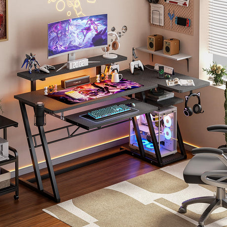 Gaming Desk with Shelves and Outlets, L Shaped Gaming Desk with LED Lights,