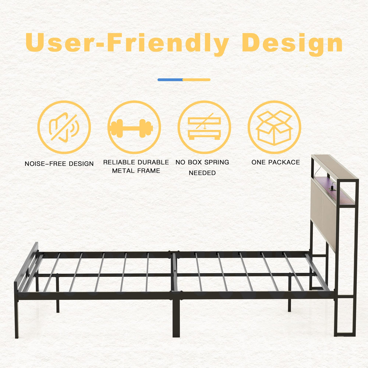 Full Bed Frame with Storage Headboard Metal Platform Bed with LED Lights USB Ports