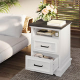 Farmhouse Nightstand with Storage Drawers and Open Shelf, Small End Tables Living Room,