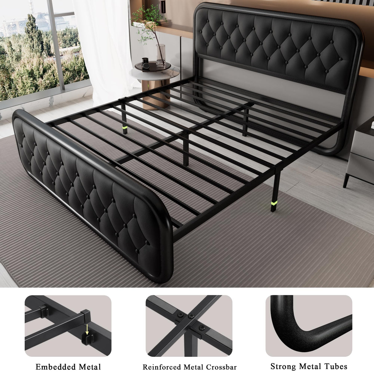 Queen Size Bed Frame, Heavy Duty Bed Frame with Faux Leather Headboard