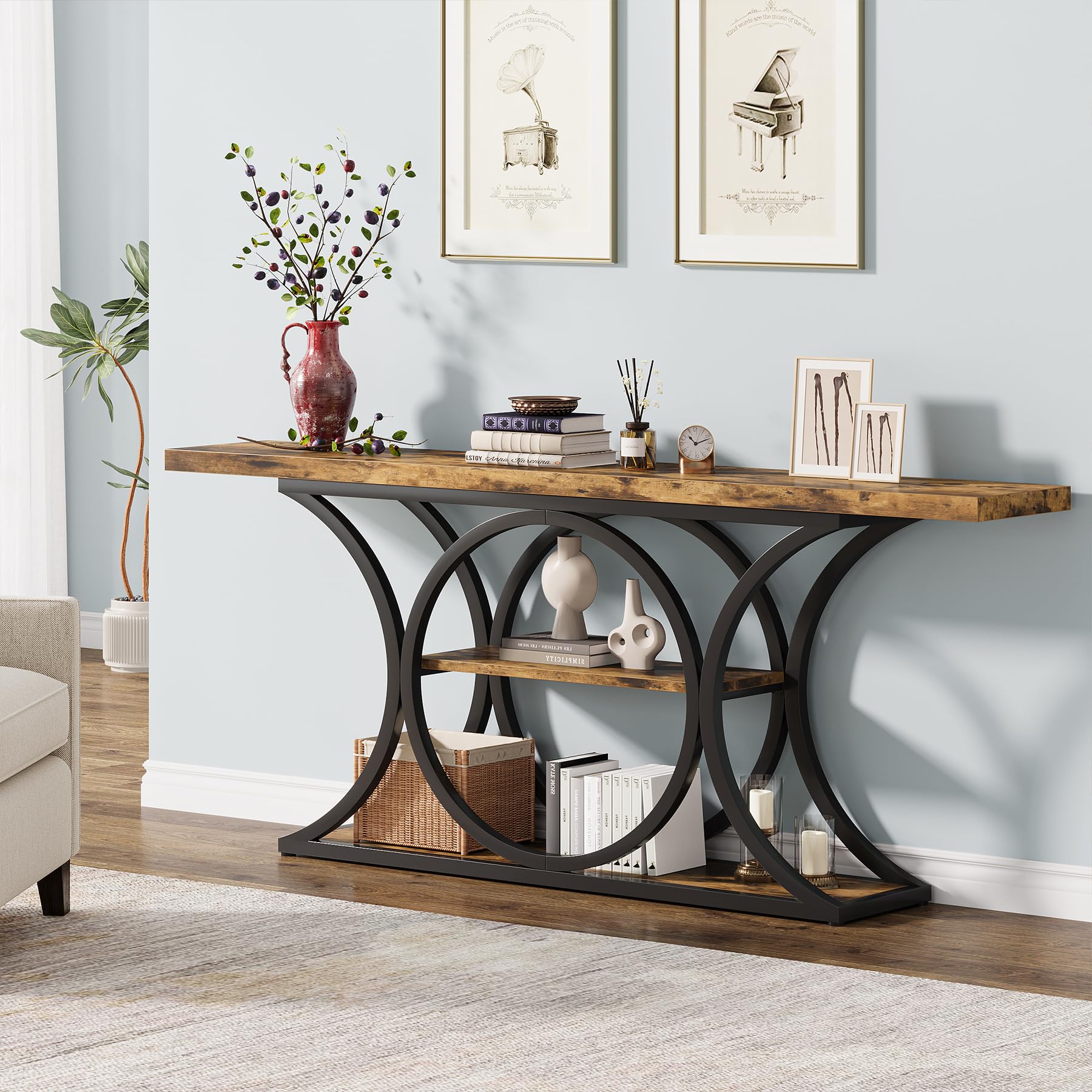 63 Inch Extra Long Rustic Industrial Console Table with 3-Tier Storage