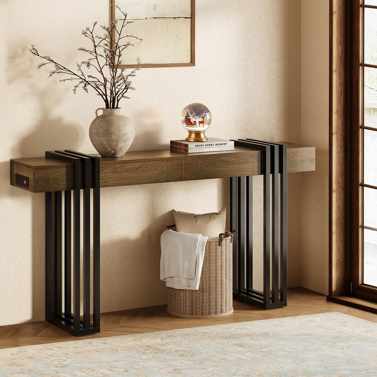 63" Console Table with Power Outlet - Walnut Wood Entryway Table