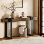 63" Console Table with Power Outlet - Walnut Wood Entryway Table