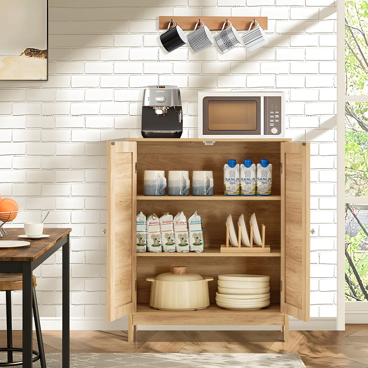 Storage Cabinet with Rattan Doors, Bathroom Storage Cabinet with Adjustable Shelf