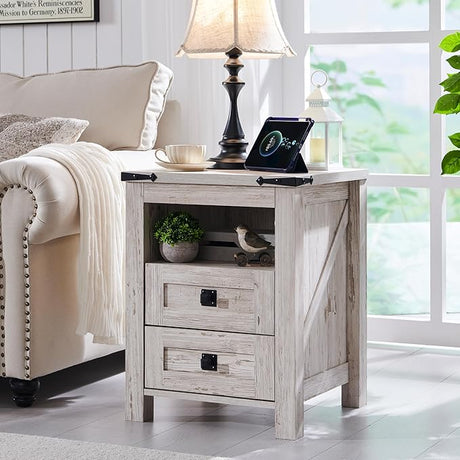 Nightstand with Charging Station, End Table, Side Table with 2 Drawers Storage Cabinet