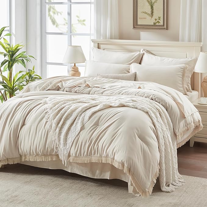 Beige Comforter Set King Size with Sheets -7 Pieces Boho Tassel Bed in a Bag Soft