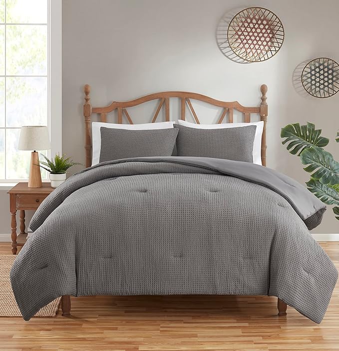 Set 3 Piece Waffle Weave Ultra Soft Bedding Collection with Shams, Queen, Navy Blue (Pack of 3)