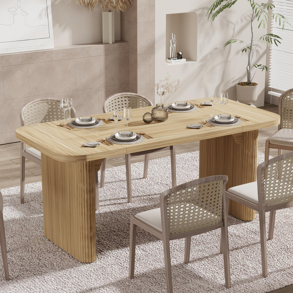 Dining Table for 4-6, Rectangular Wood Kitchen Table with Double Pedestal