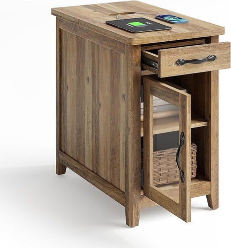 Farmhouse End Table with Charging Station, Narrow Side Table for Living Room