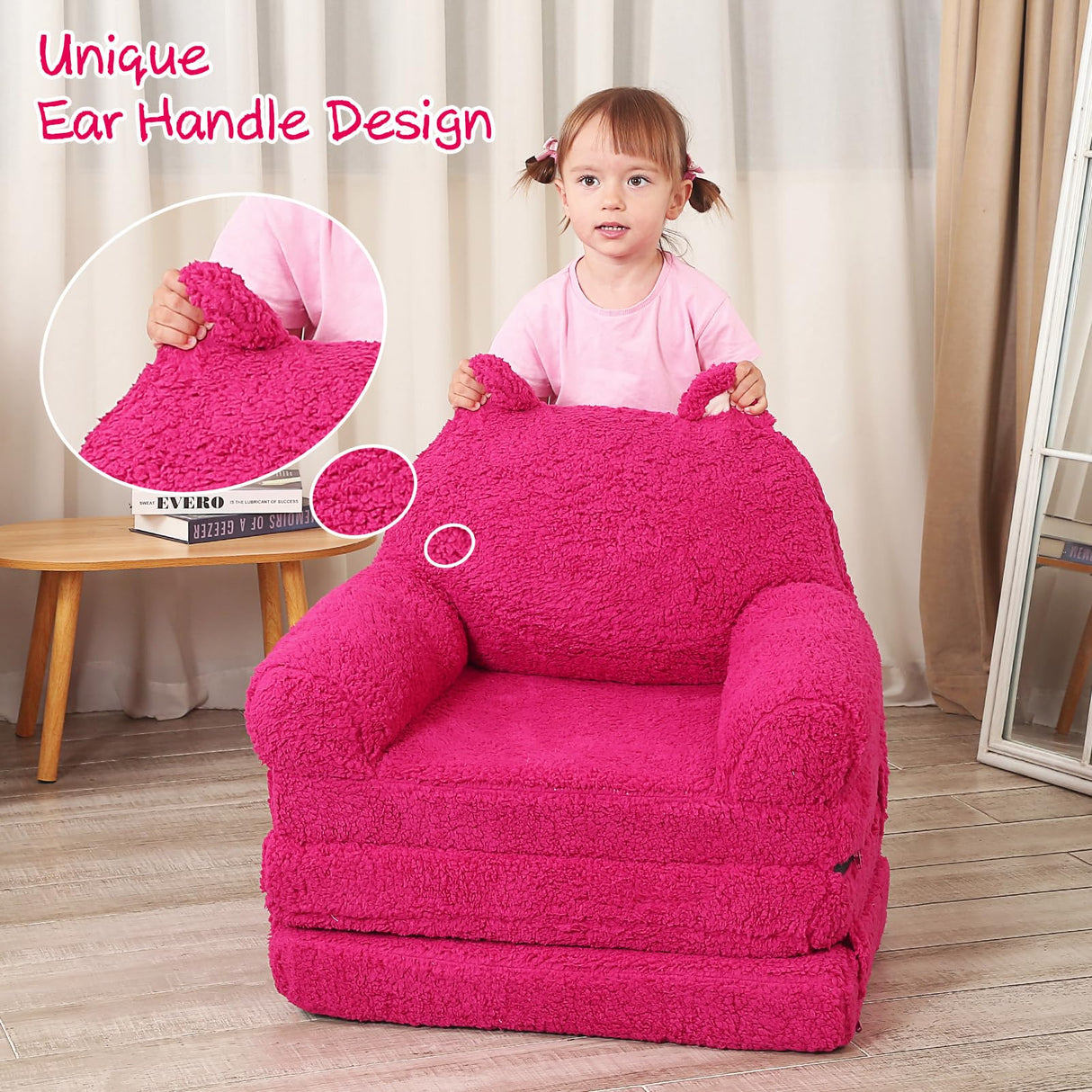 Foldable Kids Sofa, Sherpa Pink Teddy Bear Toddler Couch with Tri Folding Foam Cushions